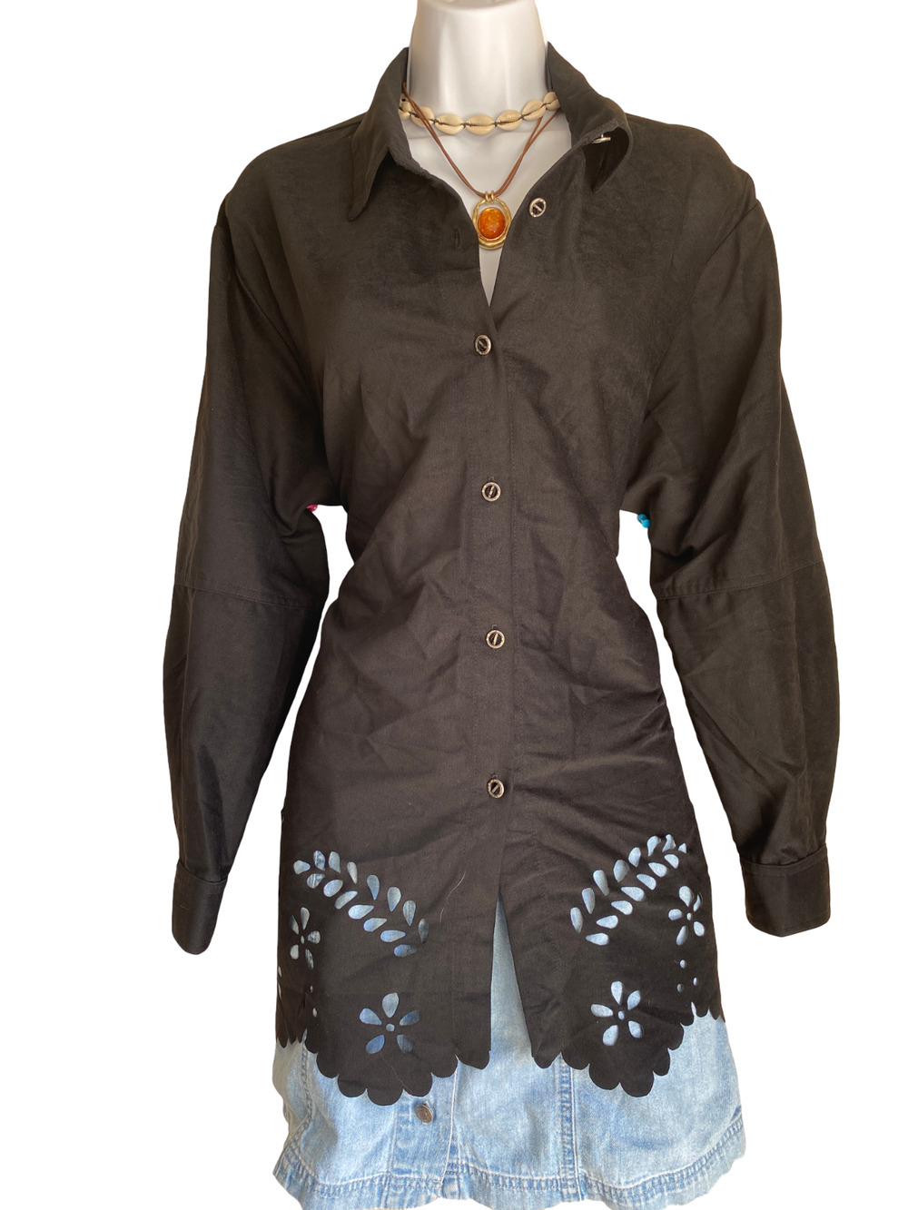 VTG Nino Wong L Boho Lace Accent Black Button Up Tunic Blouse Goth Whimsigoth